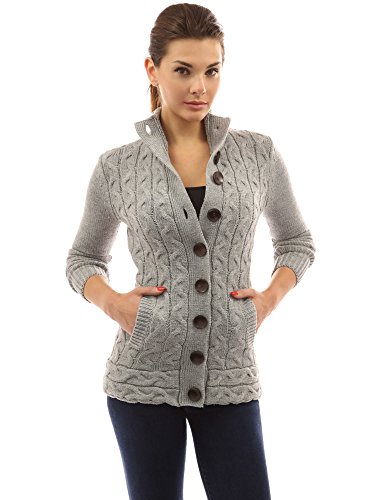 PattyBoutik Women Mock Neck Cable Knit Cardigan (Light Gray Medium)