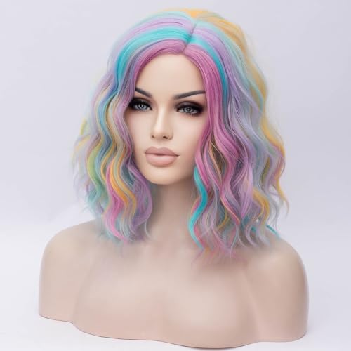 Image of BERON Girls Rainbow Wig Short Curly Hair Wig for Women Colorful Body Wave Wigs Colorful Bob Halloween Cosplay Party or Daily Use Wigs
