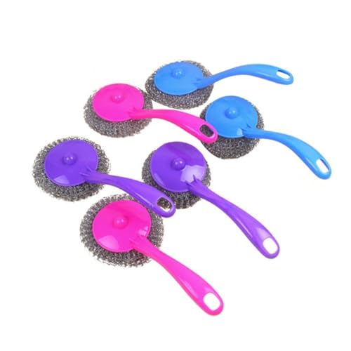PartyKindom 12Pcs Durable Metal Scouring Pads with Long Handle Sturdy Kitchen Brush for Easy Cleaning of Pots Pans BBQ Grills and More Convenient Hanging Design Random Color