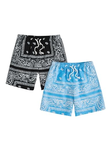 Floerns Boys 2 Pcs Bandana Shorts Boho Paisley Graphic Print Drawstring Waist Summer Beach Drip Shorts with Pockets Blue & Black Paisley 12 Years