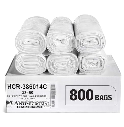 Image of Aluf Plastics High Density Trash Bags, 60 Gallon, 800 Count, 14 Micron (eq), 38 inch x 60 inch, Clear, for Bathroom, Office, Industrial, Commercial, Janitorial, Municipal, Recycling