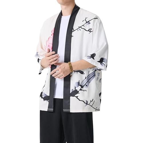 PRIJOUHE Mens Kimono Robe Lightweight Cardigan Bathrobe Casual Open Front Japanese Shirt 3/4 Sleeve Yukata Jacket4