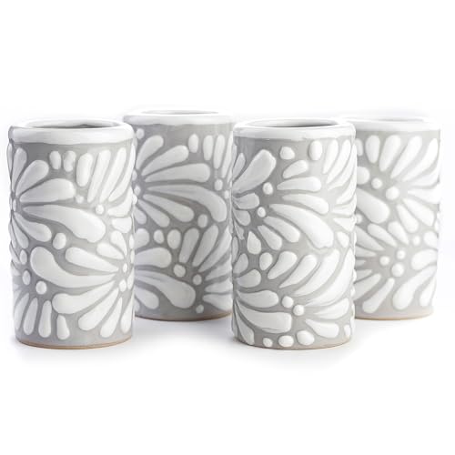 Image of Talavera Shot Glasses Set of 4 Authentic Mexican Tequila Shot Glasses - Hand-painted - 2 Oz (White Brushstroke Gray Background)