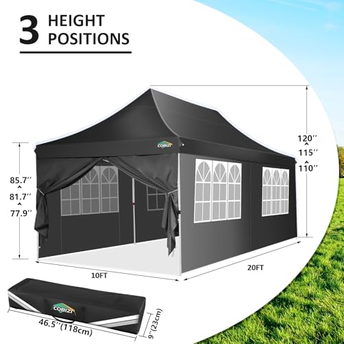 Image of COBIZI 10x20 Pop Up Canopy with 6 Sidewalls, Conical Canopy Tents for Parties, Backyard, Commercial, Waterproof Event Tent Instant Shelter UV50+ Outdoor Gazebo with 4 Sandbags (Peak Drainage)