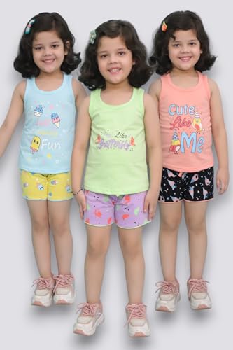 Image of Chandrika Kids Cotton Coordinated Set Pack of 3 half Sleeve And sleeveless T-Shirts & Shorts and skirt Baby Girls Summer Dress Combo