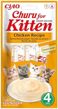 INABA Churu Kitten Gatos - Receta de Pollo - Golosinas Saludables y Naturales para Gatitos Jóvenes Menores de 12 Meses - Alto Contenido en Humedad, Textura Suave y Deliciosa - 56g (4x14g)