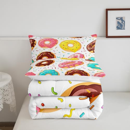 Image of Feelyou Girly Cute Comforter Set Sweet Donuts Bedding Set for Kids Boys Girls Chocolate Doughnut Cream Comforter Cute Whimsical Dessert Decor Quilt Set with 1 Pillowcase 2Pcs Bedding Twin