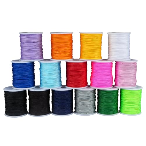 Luabue Nylonfaden Nylonschnur 0.8 mm X 10 m Nylonschnur Nylon Beading String Knotenschnur Nylonband Polyesterfaden Bunte Schnur Perlenschnur für Schmuckherstellung DIY Handwerk (15PCS Farbenfroh)