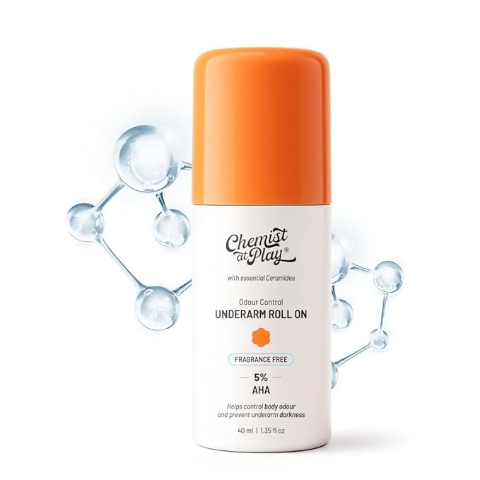 Chemist at Play UnderArm Roll-On with 5% AHA| Lactic & Mandelic Acid|Prevents Odour, Brightens Skin & Exfoliates Underarm | For Sensitive Skin | Fragrance-Free | Alcohol & Aluminium Free | 1.35 fl oz