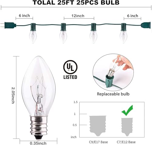 Image of C7 Christmas Lights Outdoor, 25Ft C7 Warm White Christmas Decorations String Lights with 27 Clear Incandescent Bulbs, Vintage Christmas Lights for Roofline House Garden Patio Xmas Tree Party, Green