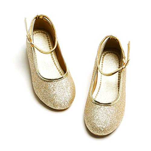 PHIRAMIN Toddler Flower Girl Glitter Gold Dress Shoes - Little Girl Ballet Flats Size 5 Wedding Party