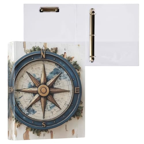 Image of 3 Ring Binder Vintage Nautical Compass 1.5 inch Binders Three Ring Binders with Clipboard Fit 8.5'' x 11'' Paper 3 Interior PVC Clear Pockets for Office Supplies