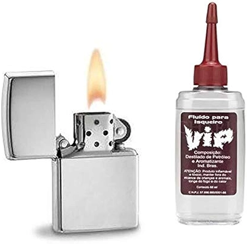 Isqueiro em Metal - Cromo Liso, Recarregável + Fluído vip
