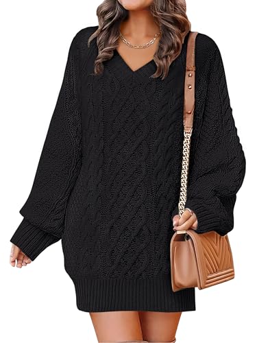 ANRABESS Womens Long Sleeve V Neck Oversized Cable Knit Mini