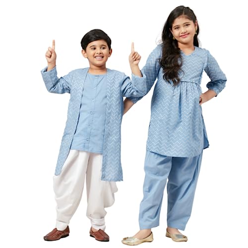 Indian Ethnic Wear For Kids Girls & Boys, Brother Sister Matching Outfits, Kurta Set (Cotton), (Pack of 2)2