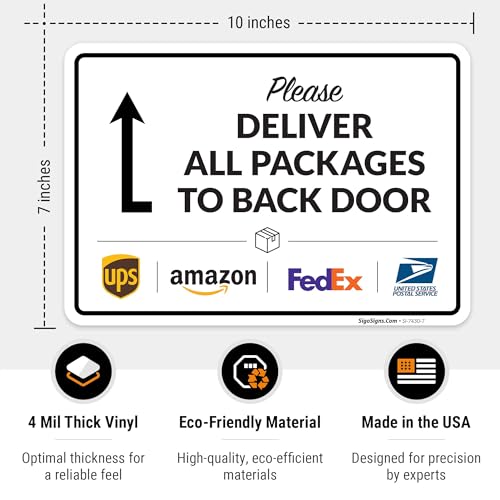 Image of Package Delivery Sign, Delivery Instructions All Package To Back Door Sign, 10x7 Inches, 4 Mil Vinyl Decal Stickers Weather Resistant, Made in USA