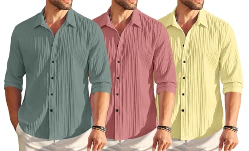 Image of FINIVO FASHION Combo of Men's Casual Cotton Plain Button Down Shirt Long Sleeve Textured Summer Beach Shirt for Men Pack of 3