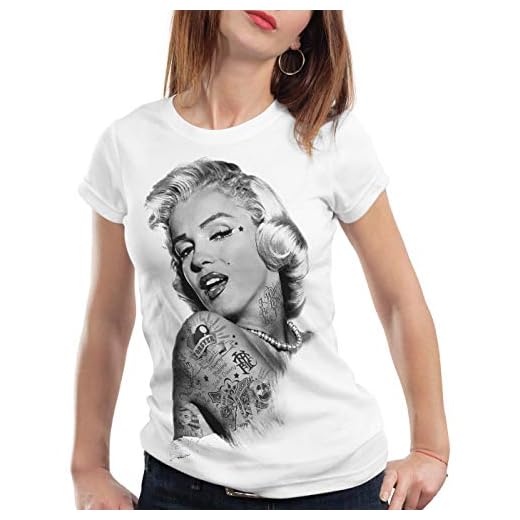 style3 Marilyn Tattoo Camiseta para Mujer T-Shirt Hollywood Star Monroe, Color:Blanco, Talla:M