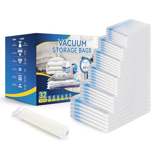 Simple Deluxe 32 Pack Vacuum Storage Bags (5 Jumbo/5 Large/6 Medium/6 Small/5 Roll M/5 Roll S) Space Saver Bags, Vacuum Seal Bags with Hand Pump for Comforters, Blankets, Bedding, Pillows and Clothes