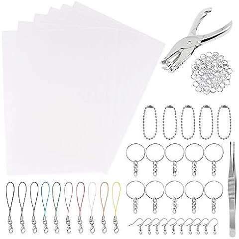 Anvin 157 Pcs Heat Shrink Plastic Sheet Kit Shrinky Art Film Paper 20 Pcs with 135 Pcs Keychains Accessory Ear Hooks Chain Beads Lobster Clasps and Hole Punch, Tweezer for Creative DIY Handmade Craft Cover