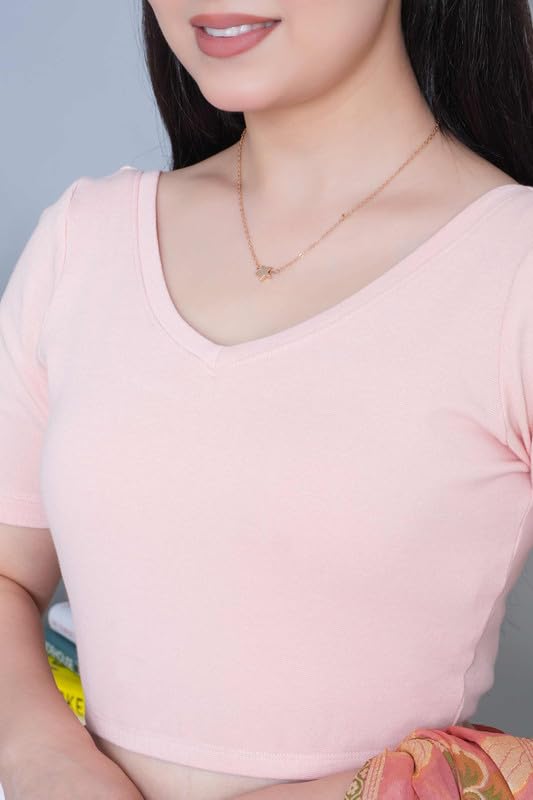 Image of Mlada V-Neck Stretchable Saree Blouse Top for Women | Slim Fit Short Sleeves Solid Cotton Blouses | Readymade Saree Blouses for Women Festive & Ethnic | Blouse Crop Top
