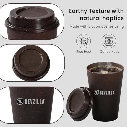 Image of Bevzilla Eco-Friendly Coffee Tumbler | Pack of 2 | Crafted from Bamboo Fiber, Coffee & Rice Husk | Lightweight, Durable & Food-Safe | Microwave & Dishwasher Safe | Reusable Travel Mug