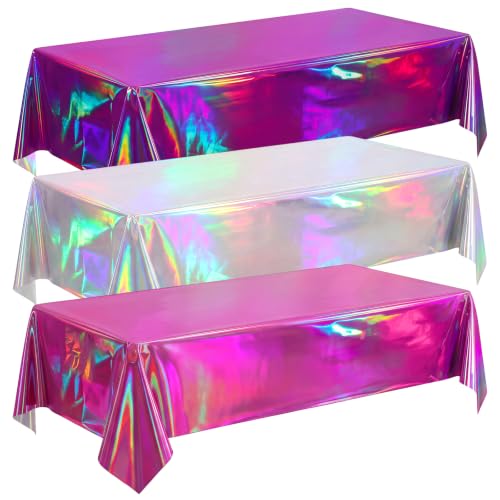 Image of Iridescent Plastic Tablecloths, Disposable Sparkly Laser Purple Table Cover | Wipe Clean Iridescent Party Decorations Holographic Foil Tablecloth for Kpop Birthday Bachelorette Wedding, 54x108Inch