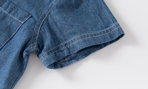 Yueary Camisa social jeans de manga curta com botões e gola de bolso casual para bebês meninos e men