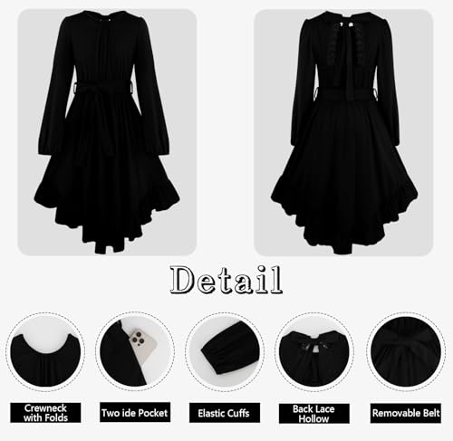 Girls Boho Dress Teen Long Sleeve Lace Backless Tie Back High Low Swing Pocket Dresses with Belt Size 5-16 Years