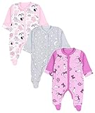TupTam Baby Mädchen Schlafstrampler Strampler mit Fuß Schlafanzug 3er Pack, Farbe: Elefanten Rosa Sterne Mond Grau Schleifen, Größe: 86