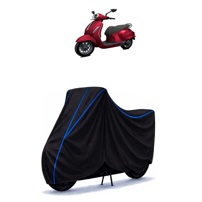 Image of Scooty Cover Water Resistant for Chetak BS6 | Universal Scooter & Bike Cover | Heavy Duty UV Dust, Rain & Scratch Protection | Elastic Fit All Weather Indoor Outdoor | Black with Blue Piping