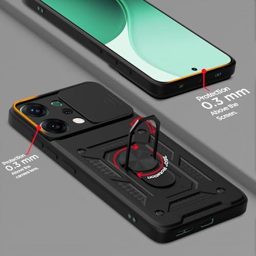 Image of Pikkme Back Cover for Oppo Reno 14 5G | Sliding Camera Shield with Ring Stand | D10 Full Camera Protection Bumper Case (Black)