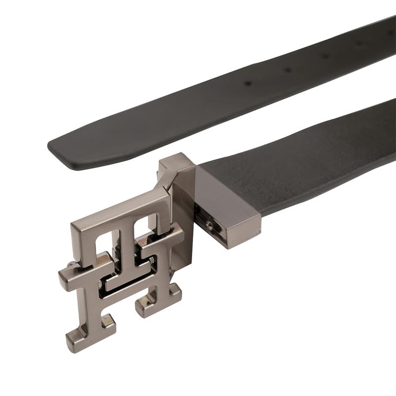 Image of Tommy Hilfiger Men's Phnom Reversible Leather Belt - Textured Style With Th Monogram And Brushed Gunmetal Finish - Semi-Formal Versatility Ideal for Gifting