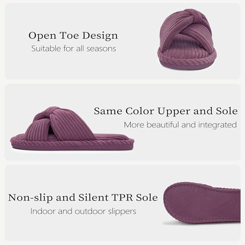 Image of IPSAE House Slippers for Woman Memory Foam Open Toe Slippers Corduroy Cross Bow Womens Slipper Slides Comfy Indoor Bedroom Slip On Shoes