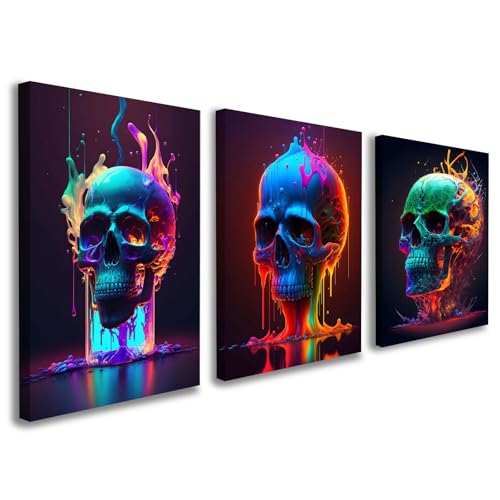 Lot de 3 tableaux muraux modernes – Tête de mort multicolore sur toile aux couleurs néon –...