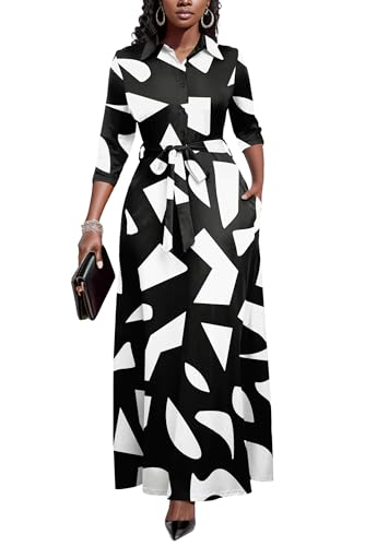 Runwind Women Church Maxi Dresses 3/4 Sleeve Button Down Print Casual Office Dress African