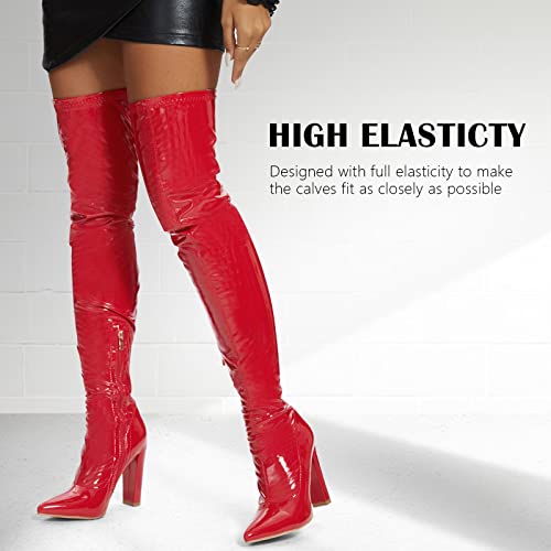 Women's Heeled Over The Knee Boots Patent Leather Pu Chunky Block Heel Sexy Fashion Dress Wedding Side Zip Pointed Toe High Heels Thigh High Boots Long Boot Red Patent Leather Pu Size Us 6.5 Cn 37 #TOP1