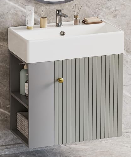 Yorbay Waschbecken mit Unterschrank 55 cm: Wandmontage Badezimmerschrank mit Keramik Waschtisch für Kleine Bäder - Modern Hängend Badmöbel Set für Gäste WC (Grau)