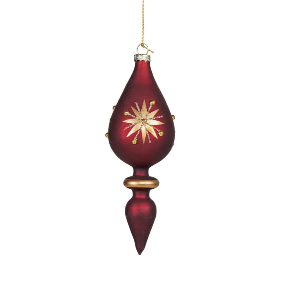 Viron Set 6 Pendenti di Natale Palline in vetro soffiato Rosso Borgogna con decori perline Oro 6x6x16h cm
