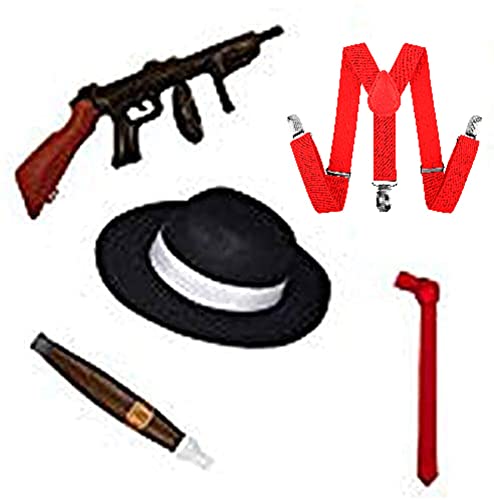 WickedFun® ADULT 1920S MAFIA AL-CAPONE GANGSTER ACCESSORY SET - 5 PIECES RED BRACES TRILBY GANGSTER HAT RED TIE CIGAR FANCY DRESS ACCESSORIES (5 Pieces Full Set)