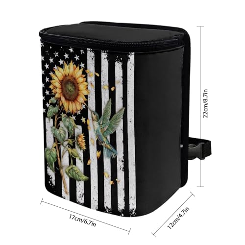 Image of Talayituse American Flag Sunflower Hummingbird Print Car Trash Can with Adjustable Straps, Foldable Car Trash Bag Bin Car Garbage Bag Multipurpose Storage Box for Vehicle Travel Camping Picnicing