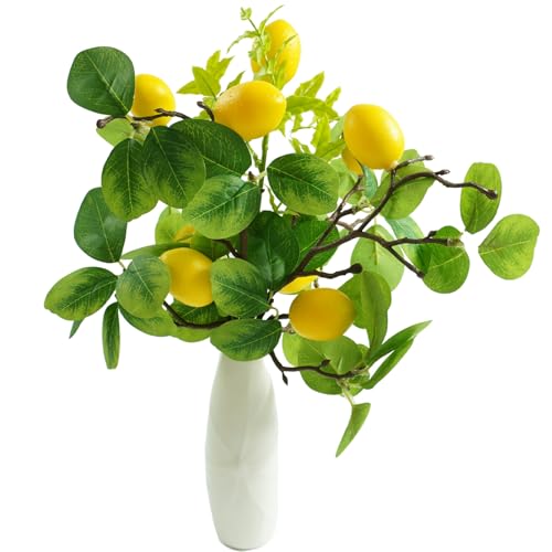 5Pcs Artificial Lemon Branches,14" Faux Lemon Branches,Fake Fruit Lemon with Greenry for DIY Holiday,Kitchen,Dining room Decorations, Wedding Flower Arrangements and Anywhere You Want to Decorate