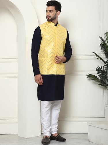 Image of SOJANYA (Since 1958 Men's Cotton Linen Maroon Kurta and White Pyjama with Mustard Cotton Nehru Jacket