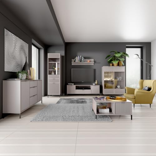 Lomadox Wohnzimmer Set Wohnwand Anbauwand Kaschmir beige 6-teilig modern Kommode Vitrine Wandregal Lowboard Highboard Couchtisch