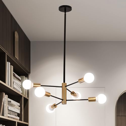 ADFIRAY Modern Sputnik Chandelier - Height Adjustable Sputnik Ceiling Light Fixture with E26 Base Mid Century Black and Gold Modern Light Fixture for Dining Room, 6-Light (Bulbs Not Included)