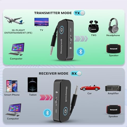 Image of Honeywell 2-in-1 Bluetooth 5.4 Transmitter & Receiver, AUX & Type-C Audio Adapter with Mic, 12H Battery Life, Lossless Audio, Ideal for Airplanes, Cars, TVs, Desktops, Speakers and Amplifiers