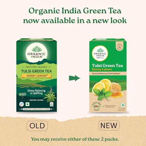 Image of ORGANIC INDIA Tulsi Green Tea Honey Lemon - 25 Tea Bags, Refreshing Blend with Tulsi, Green Tea, Lemon & Honey Flavors, Naturally Sourced Ingredients, Staple-Free Bags Certified Organic