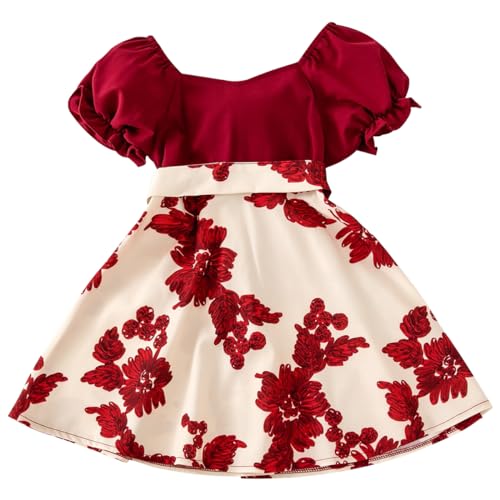 Toddler Baby Girls Flower Print Dress Bubble Sleeve Patchwork Tie Straps Sundress Birthday Party Dresses