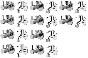 Spazio Stainless Steel Turbo Angle Valve With Bib Cock Combo Pack Foam Flow Water Taps With Wall Flange (Pack of 10) (Chrome Plated, Brass Disc)