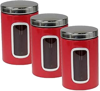 AQS INTERNATIONAL Stainless Steel Large Tea Coffee Sugar Mirror Kitchen Storage Jars Canisters Set, 11cm Diameter, 17cm High (Red)